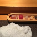 1-1　前菜　生ハム　フルーツトマト・貝柱・鮟肝　