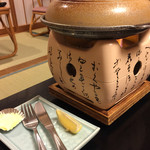 食べるお宿 浜の湯 - アワビの陶版焼き。