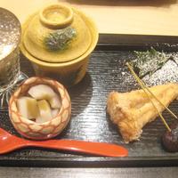 銀座 よし澤 - 八寸（ちぢみほうれん草、あん肝の茶碗蒸し、レンコンと蟹みそ、ふぐの唐揚げ、花豆、くわいチップに酒盗）