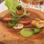 レストラン セビアン - 桜海老とキャビアのポテトサラダ＆GVレタス、キヌアを纏った車海老のポワレ、GV鱧のフリット