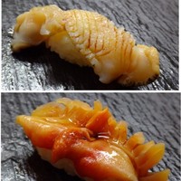 鮨おかだ - ◆上：つぶ貝（北海道）◆下：赤貝（愛知産）