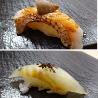 鮨おかだ - ◆上：のどぐろ・肝のせ・・のどぐろは別格ですね。これ絶品。◆下：鱸の昆布〆・塩昆布のせ