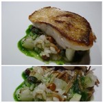 TTOAHISU - ＊鰆は皮目をパリッと焼かれ、程よい塩加減。
      鰆の下には「かきのき茸（と言われたような）」「上州葱」「大根」などが入ったリゾット。