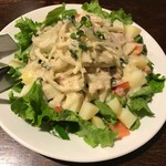 プクプク亭 - コンビネーションサラダ、レタスの上に細かくしたボイル野菜とハム、それにオニオンと自家製ドレッシング