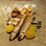 二条城ふる田 - 7】焼物：ホンモロコ あん肝味噌炊き くわいチップ(2016.12月)