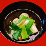 味 ふくしま - 『うずらのがん(みんち)』
      !! うずらの骨ごとミンチ肉は、軟骨のコリコリっとした食感と弾力があって、ネギと薄味の和風出汁との相性が抜群～♪(^o^)丿