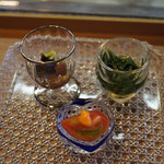 しのはら - 明石蛸の柔ら煮 ﾓﾛﾍｲﾔのお浸し トマトの黄身酢のせ