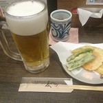 Musashino udon mugiwara - ビール５００円　野菜天１８０円