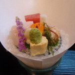 祇園ゆやま - お造り（中とろ、ひらめ、ノドグロの焼霜、湯葉こんにゃく）