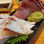 麺哲支店 麺野郎 - おまかせおつまみ-刺身盛り・鰤＆勘八(2016/12)