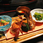 Nihon Ryouri Ogi Hara - 前菜（あん肝・牡蠣フライ・鰯・小松菜とからすみのお浸し）