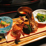 日本料理 おぎ原 - 前菜（あん肝・牡蠣フライ・鰯・小松菜とからすみのお浸し）