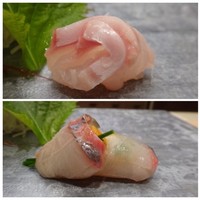 鮨あらき - ◆上：アラ・・身もプリプリで美味しい。 ◆下：シマアジ・ウニ巻・・どちらも普通かしら。