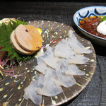 竹ざき - 3】向付：てっさ(2種の熟成) 鮟肝　雲子のポン酢