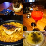 アカ - （左上）黒トリュフ（左下）のどぐろのパエリヤ（右下）黒トリュフのスープ