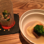 笹組 調整 - 北海道鰊と旬野菜炊き合わせ里芋餡とズワイ蟹と洋野菜のサラダ ソースオーロール（2016年１月）