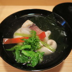 車力門 ちゃわんぶ - 28年12月　京丹後甘鯛とトラ河豚白子椀　菜の花、京人参、若芽