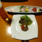 牛肉のセルクル仕立て玉葱ドレッシング、お造り4種盛