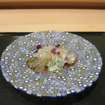 炭火割烹 いふき - 河豚の叩きと煮凝り 白子ソースとちり酢仕立て