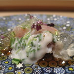 炭火割烹 いふき - 河豚の叩きと煮凝り 白子ソースとちり酢仕立てアップ