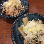 Suidoubashi Sakaba Gasshou - 豚ガツポン酢¥199、ゴボウ山椒煮¥299