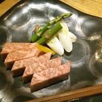 玉之湯 - 陶板焼きにする、信州プレミアム牛