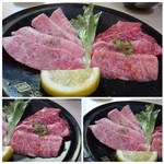 清香園 - ◆上：「カルビ&上カルビ（1800円）」のお肉。 ◆左下：カルビ ◆右下：上カルビ・・脂は多いですが、こちらの方が甘みを感じ美味しい。