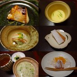 味 ふくしま - （左上）マナガツオの幽庵焼き（右上）すっぽんの茶碗蒸し（左中）カニの酢の物（右中）からすみ（左下）おかゆ（右下）水菓子