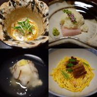 味 ふくしま - （左上）ふぐの白子和え（右上）ぶりの刺身、辛み大根（左下）ぐじのかぶら蒸し（右下）穴子の蒸し寿司