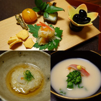 味 ふくしま - （上）八寸（左下）くもこ（鱈の白子）豆腐の揚げだし（右下）白みそ仕立ての雑煮