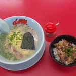 山岡家 - 朝ラーメン（脂なし・味濃いめ）＆ミニチャーシュー丼 