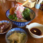 なかめのてっぺん - 究極の海鮮丼,鯛刺身胡麻タレ,黄身醤油,ガリ