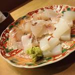 花いち - 向付（奥からほうぼう、鯛の霜降り、烏賊）