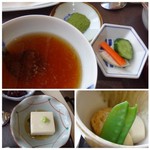 古蓮茶房 - ◆天ぷらは「天つゆ」「抹茶塩」で◆「ごま豆腐」 ◆「煮物」が「がんもどき」「里芋」「たけのこ」「きぬさや」など