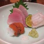 器楽亭 - お造り：雲丹、アオリイカ、鰤、鯛