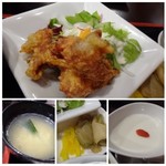 中華料理 八仙閣 - ◆上：鶏のから揚げ◆左下：卵スープ。これも薄味。 ◆下中：ザーサイと沢庵。 ◆右下：杏仁豆腐。普通に美味しい。
