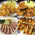 大珉馬仙山 - (左上)海老の天ぷら　￥750（右上）鶏の唐揚げ　￥750(右下)焼餃子　￥260（左下）鴨ロース　￥720