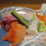 日本料理 幸庵 - スマカツオ、赤貝、スミイカ、平目の造りアップ