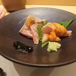 炭火割烹 大嶋 - 造り；ブリ、金目鯛と雲丹