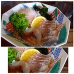 魚山人 - ◆最初に「お刺身」が出されます。写真は一人分ですが、ボリュームがありますよ。 「鯛」と「シマアジ」、どちらも新鮮で美味しいこと。特に「しまあじ」がいいお味。