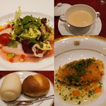 ウエスティン都ホテル京都 - （左上）前菜　プロシュートとスモークチキンのサラダ仕立て（右上）マッシュルームのクリームスープ（左下）パン（右下）銀ヒラスの湯葉揚げ　菊菜、三つ葉、トマトソース 
