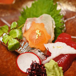 料亭 まつむら - お造り三種盛り、防風(ツマ)、ラ・ディッシュ。
      盛り付けが芸術的～！