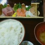 市場食堂 - （刺し身）三点盛り定食800円（2017年1月撮影）