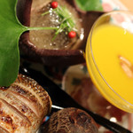 おおたに - （八寸）　かますの幽庵焼き　新秋刀魚とみぞれ酢ジュレ　すくな南瓜の冷製スープ　衣かつぎ