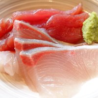 麻布箪笥町 天涼庵 - 天涼定食 焼魚 1296円 の鮪赤身、鰤の刺身
