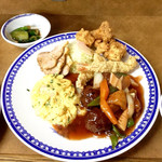 龍華 - スペシャルセット(¥1,250)
      叉焼、大海老天、鶏唐揚げ、酢豚、肉団子、エビ玉が一皿に。これらがまた全部抜群にごはんが進む味付けで…。確かに「スペシャル」である。