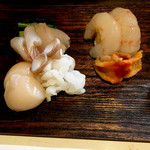 ふじや - 刺身  
      牡丹海老、赤貝、平目昆布〆、活蛸、ホタテ