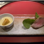 鉄板焼レストラン八景 - 聖夜前菜（鴨のヴィネグレット蒸しと雲丹のフラン）