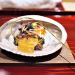 銀座 しのはら - 先付　雲丹　子持ち昆布　蝦夷アワビ　赤座海老　胡麻豆腐　岩茸　ちしゃとう　大根　土佐酢ジュレ
