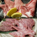 肉もん - （上）近江牛のタン塩(肉の日のサービス品) （左下）上ロース　¥1,300（右下）上カルビ　¥1,200